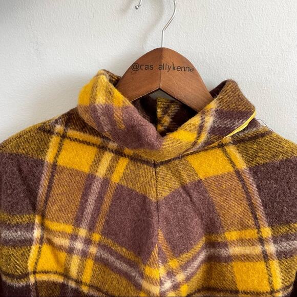 Vintage | Unbranded 1970’s Yellow Brown Purple Plaid Poncho Fringe Mock Neck Zip - Picture 3 of 8